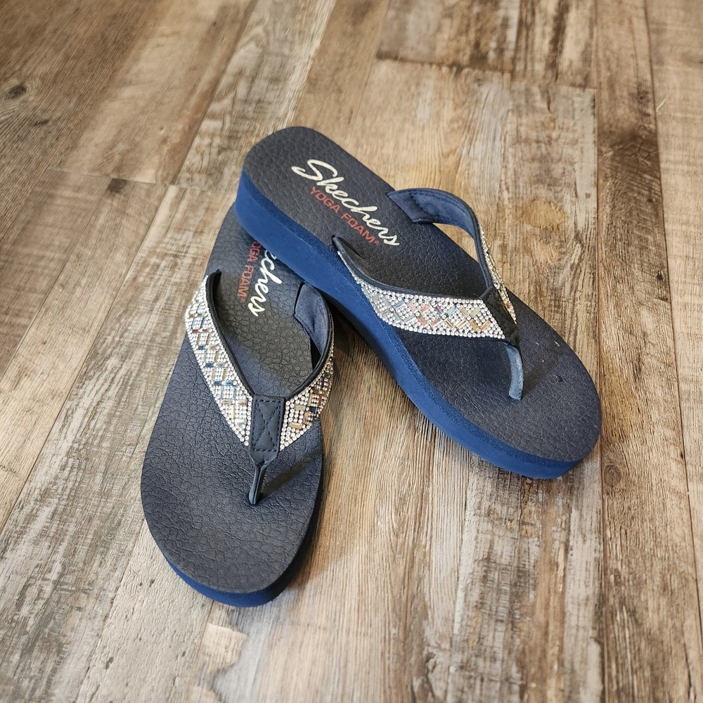 Skechers Vinyasa Glory Day Navy Blue Rhinestone Crystal Platform Wedge Sandals 9